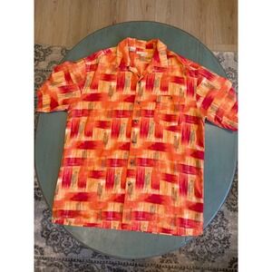 Enro Soie Silk Mens Large Orange Red Abstract Geometric SS Button Shirt